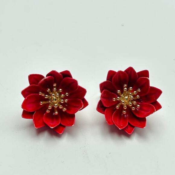 RARE VTG Crown Trifari Alfred Philippe Red Enameled 3D Flower Earrings Signed
